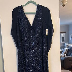 R & M Richards Navy Blue Sequined V-Neck Evening Dress